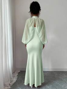 Elenzga Bộ váy dạ hội thanh lịch, sang trọng, quyến rũ dành cho nữ, gồm áo tay dài màu hồng nhạt đính cườm thủ công, và váy ôm sát dáng đuôi cá duyên dáng. - màu xanh lá - Xem 2