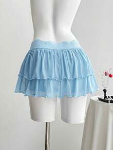 Comfortcana Falda evasé con volantes y lazo de encaje de color azul claro y contraste, nueva moda para Año Nuevo - Celeste - Ver 2