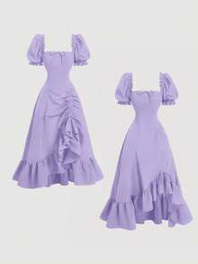 SHEIN MOD 紫色泡泡袖系带开衩荷叶边下摆中长连衣裙 - 紫色 - 查看 4