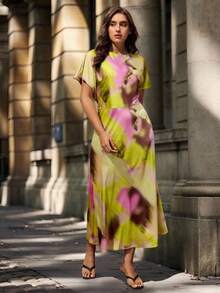 Maija Váy maxi tay ngắn in họa tiết hoa tie-dye thanh lịch dành cho nữ cỡ lớn, quần áo mùa thu cho nữ, quần áo mùa thu - Nhiều màu - Xem 10