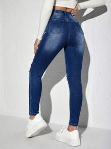 Jeanoix Quần jeans ống ôm cạp cao rách nhẹ, kiểu dáng thường ngày. - Rửa tối - Xem 2