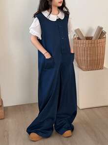 DAZY Tween Girl Button Half Placket Pocket Wide Leg Casual Denim Jumpsuit - Blue - View 6