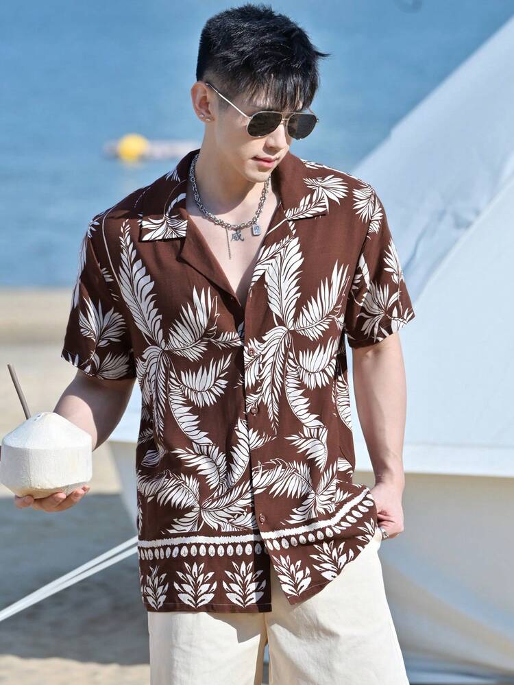 Men's Summer Palm Tree Print Short Sleeve Shirt And Shorts Set