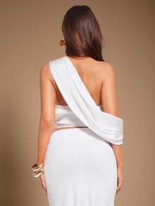 Radiana Elegant White Woven Sleeveless Top With Asymmetrical Neck And Ruched Detail For Women - White - View 2