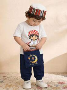 SHEIN Bộ 2 món cho bé trai, áo thun trắng họa tiết hoa dễ thương và quần cargo xanh navy, thích hợp cho mùa xuân/hè. - Nhiều màu - Xem 1