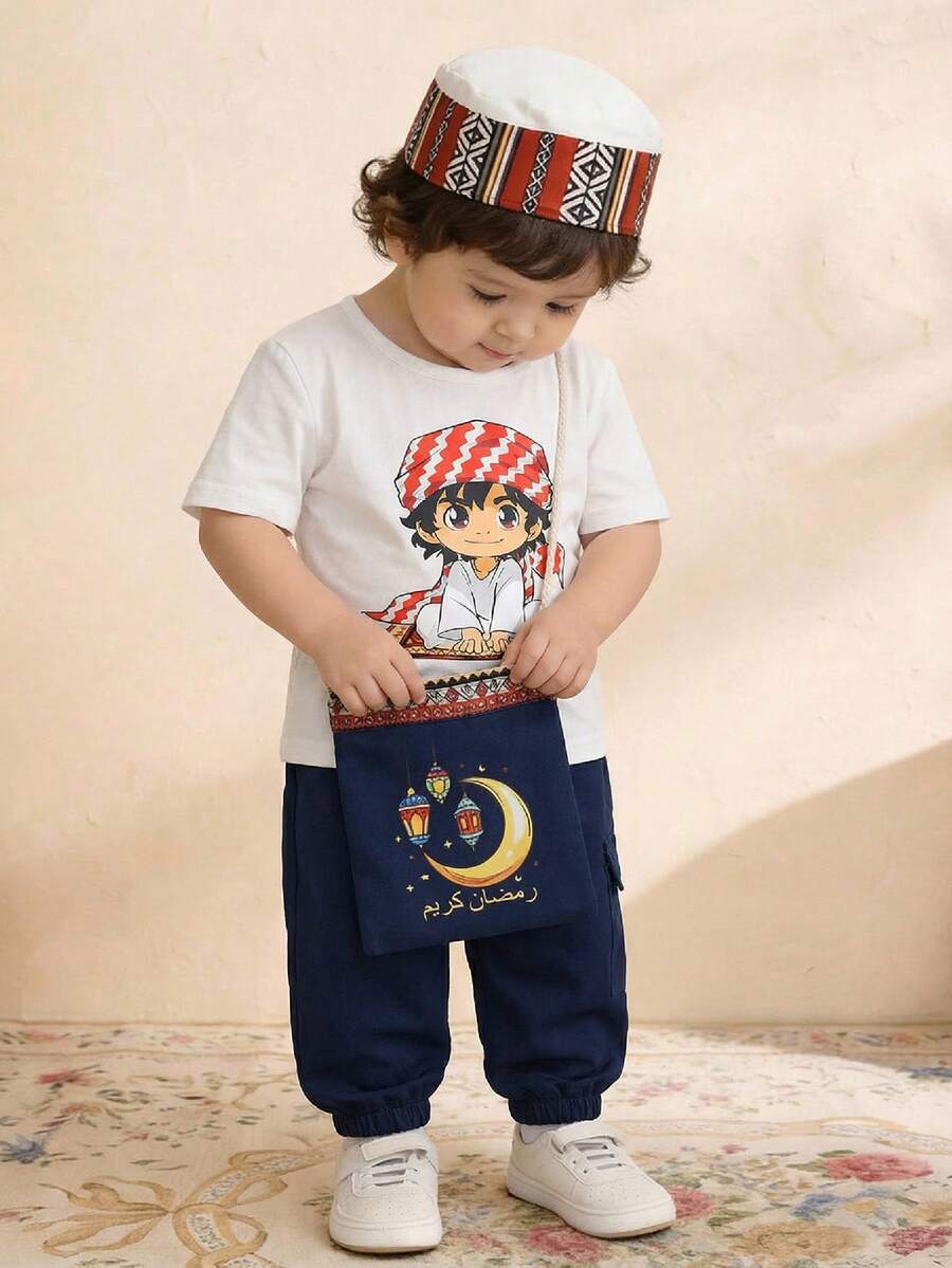 SHEIN Bộ 2 món cho bé trai, áo thun trắng họa tiết hoa dễ thương và quần cargo xanh navy, thích hợp cho mùa xuân/hè. - Nhiều màu - Xem 1