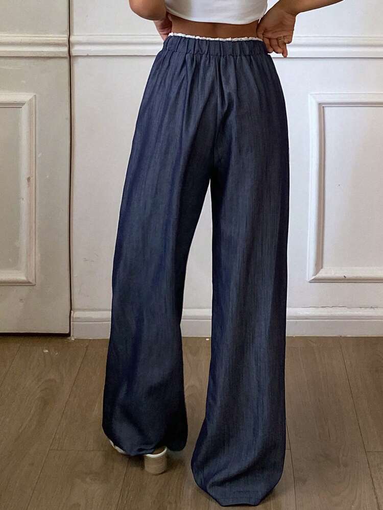 Women's Loose Fit Patchwork Contrast Color Ruffle Tie Waist Wide Leg Pants, Casual Vacation Wear, Spring/Summer