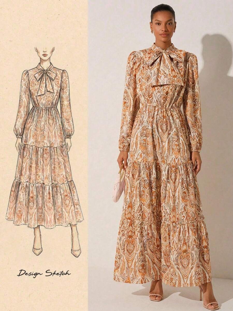 Lilora 女士印花系带灯笼袖层叠荷叶边连衣裙，优雅度假之选 - 彩色 - 查看 1