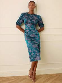 Lilora Women's Elegant Jacquard Round Neck Split Hem Dress - Blue - View 6