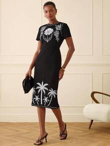 Lilora Women's Elegant Embroidered Linen Midi Dress - Black - View 3