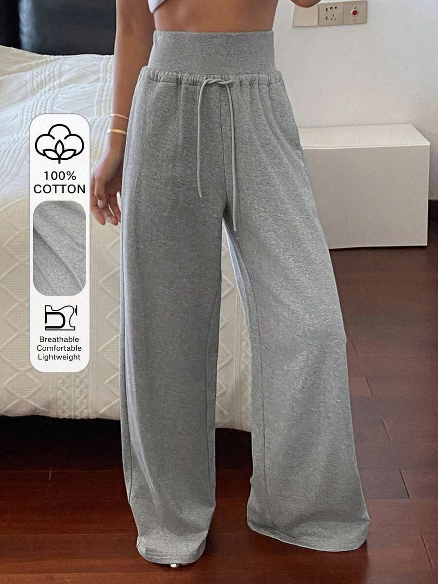 DAZY Women's Solid Color Loose Drawstring Elastic Waist Wide Leg Pants, Casual Sports Trousers For Spring & Autumn - Grey - View 1