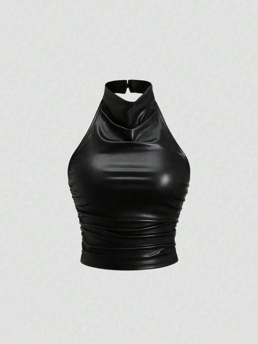 Sweetra Women Coated Pleated Solid Color Halter Neck Tank Top, Versatile For Casual And Commute Y2K - Black - View 1