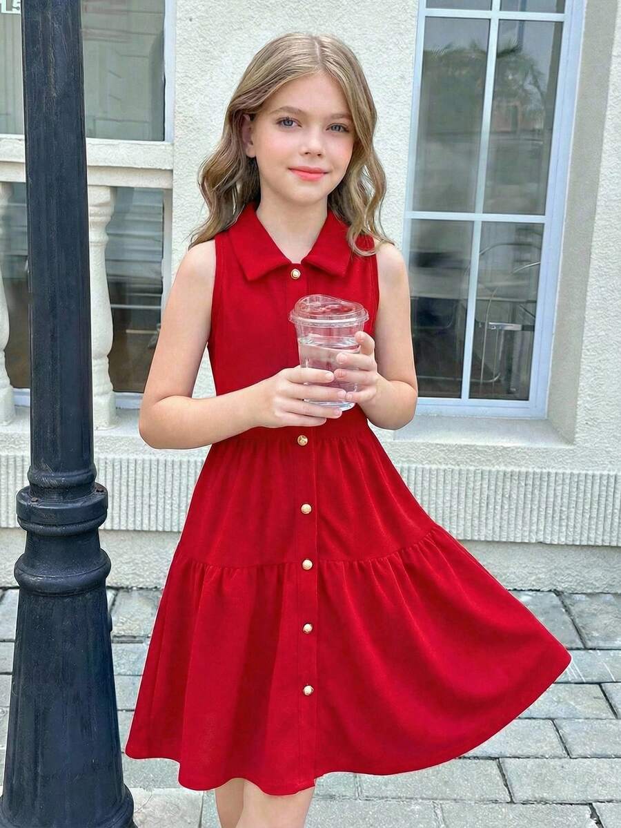 SHEIN Tween Girl Casual Solid Red Mandarin Collar Sleeveless Waist Flare Dress - Red - View 1