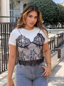 Maria Perezxox Summer White Lace Spliced Round Neck Short Sleeve T-Shirt (2 In 1) - Multicolor - View 6