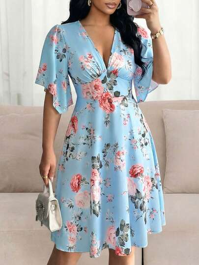 SHEIN Lady Women's Floral Print V-Neck Elegant Short Sleeve Midi Dress