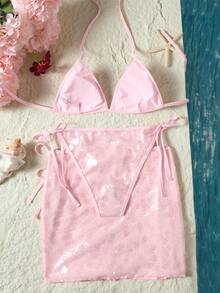 Swim SXY Set de 3 piezas Nuevo bikini con lentejuelas florales y falda con lentejuelas, para mujer - Rosa - Ver 5