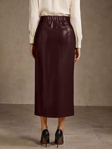 MOTF PREMIUM PU 皮革前开衩直筒裙 - 酒紅色 - 查看 2