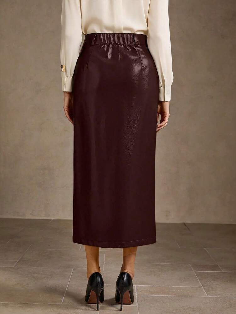 PU LEATHER SPLIT FRONT STRAIGHT SKIRT