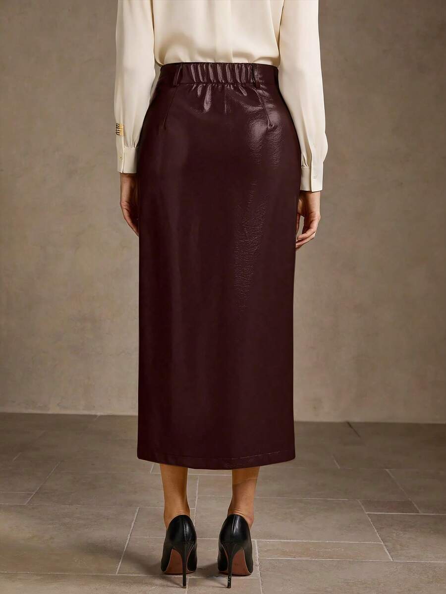 MOTF PREMIUM PU 皮革前开衩直筒裙 - 酒紅色 - 查看 2