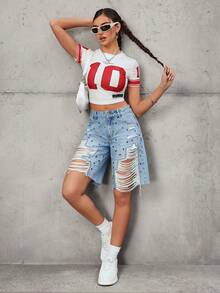 StreetHx Y2K Distressed Ripped Denim Shorts - Light Wash - View 5