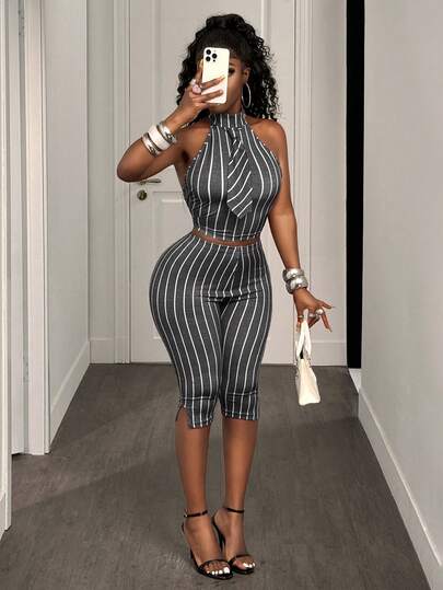 BamGleam Summer Neck-Tie Stripe Tie-Dye Short Vest, Stylish And Sensual, Perfect For Parties. Low-Rise, Form-Fitting, Seven-Inch Shorts. Women's Two-Piece Set.