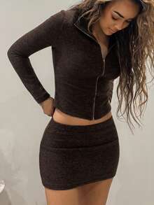 RebeccaVibe 2 件套优雅简约棕色长袖短款上衣和紧身迷你裙套装 - 棕色 - 查看 3