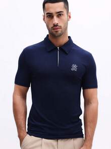 SUMWON Camisa polo de manga corta con cuello y cremallera, con pequeño logotipo en el pecho, ajuste regular, prenda básica casual - azul real - Ver 5