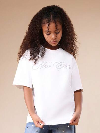 SUMWON Tween Girls Boxy Oversized T-Shirt With Rhinestone Mon Cherry Script Print Short Sleeve Round Neck Casual Top