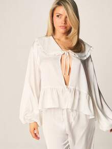 MISSGUIDED 女士荷叶边系领长袖荷叶边上衣搭配阔腿裤家居服套装，舒适透气 - 白色 - 查看 4