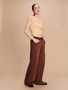 lacRébo Butter Yellow Floral Print Mesh Top With Contrast Long Sleeves Spring Summer Vacation - Yellow - View 5