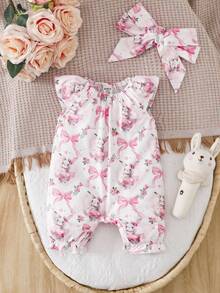 SHEIN Newborn Baby Girl Rabbit & Bow Print Romper, Summer - Baby Pink - View 1
