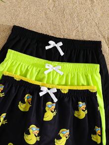 SHEIN 3pcs/Set Teen Boy Casual Vacation: 1pc All-Over Printed Yellow Duck Pattern And 2pcs Solid Swim Trunks, Suitable For Beach, Pool Party, Spring/Summer - Multicolor - View 6