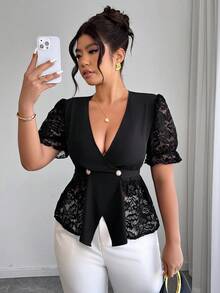 Elenzga 1pc Plus Size Women's Lace Patchwork Waist Metal Buckle Decor Elegant Commuter Blouse, Spring/Summer - Black - View 4