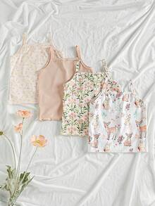 SHEIN Vintaside Kids 4件套女婴碎花上衣，舒适时尚的乡村风格，适合春夏穿着 - 杏色 - 查看 2