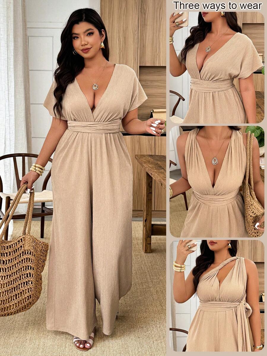 Weeklong Bộ jumpsuit nữ cỡ lớn cổ chữ V xếp ly, chất liệu vải mềm mại, đa năng, có phần eo thắt gọn, thích hợp cho mùa xuân/hè. - Màu Khaki - Xem 1