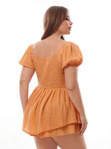 Solavibe Women Plus Size Orange Summer Boho Holiday Romper,Casual Square Neck Puff Sleeve Jumpsuit,Waist Cinching A-Line Layered Ruffle Hem Textured Fabric - Orange - View 8