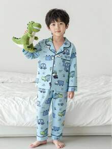 2pcs Young BoyCute Abstract Dinosaur Car Print Long Sleeve Collared Cardigan And Pants Set, Casual Loose Comfortable Loungewear - Multicolor - View 8