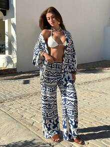 EURMUSE Blue & White Print Kimono Lounge Set – Open Front Top & Wide-Leg Pants, Chic Two Pieces Outfit - Blue and White - View 3