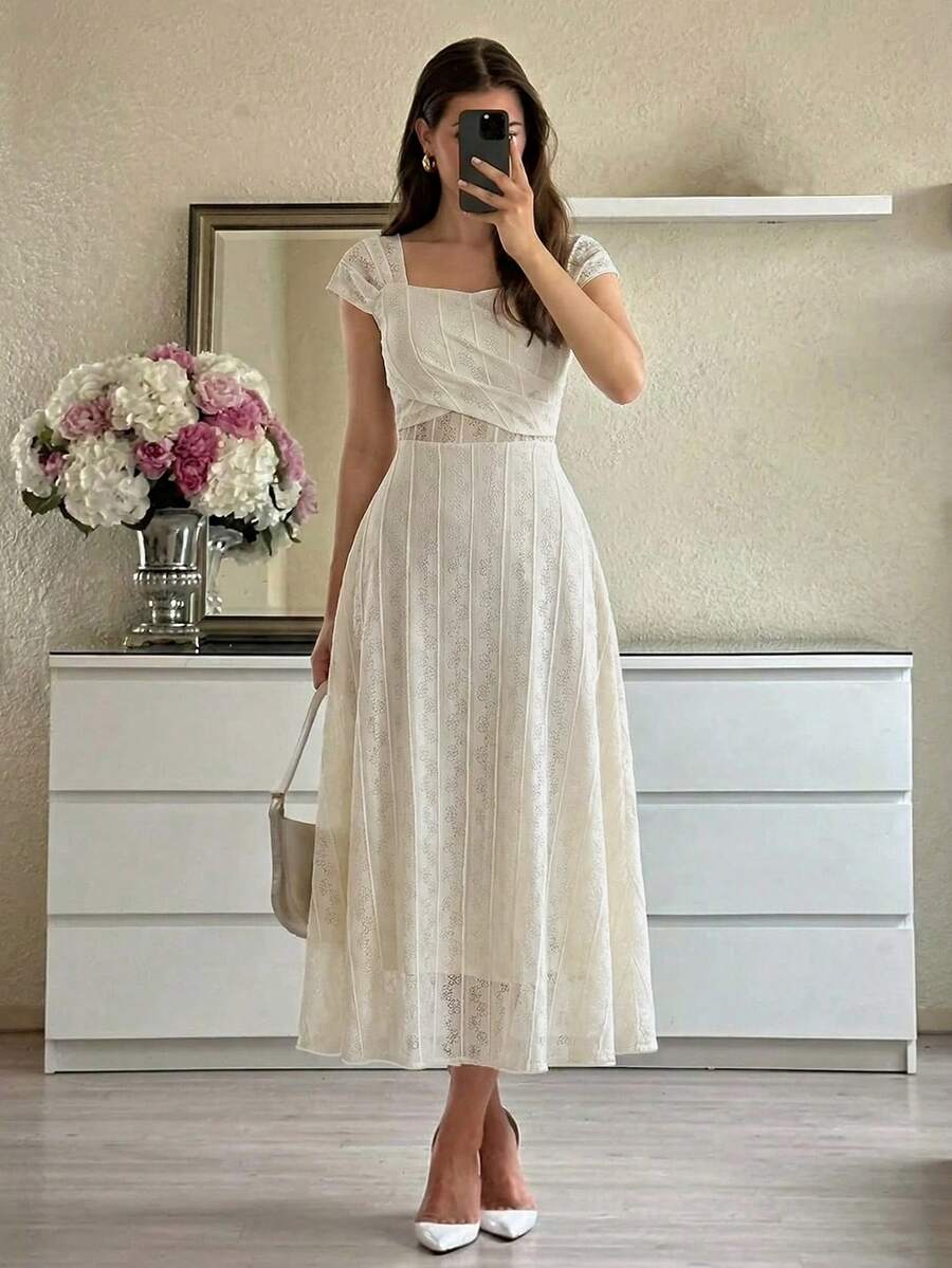 Modelyn 女款方領短袖百褶復古法式白色洋裝,米白色夏季優雅婚禮賓客純色女士優雅洋裝 - 杏色 - 查看 1