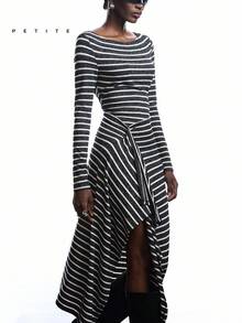 LYSMO Petite 2026 New Arrive Minimalism Spring/Summer Women's Balck And White Stripe Fashion Asymmetrical Hem Long Dress Spring Outfit Women Business Casual Office Outfits Going Out Dress - Grey - View 3