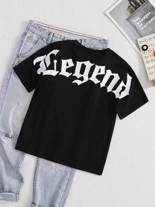 SHEIN 1 pieza Camiseta de punto de manga corta holgada con estampado de letras de grafiti casual para niños preadolescentes, patrón versátil, adecuada para ir a la escuela, uso diario casual, vacaciones, viajes, deportes, y apta para primavera, verano, otoño e invierno. - Negro - Ver 6