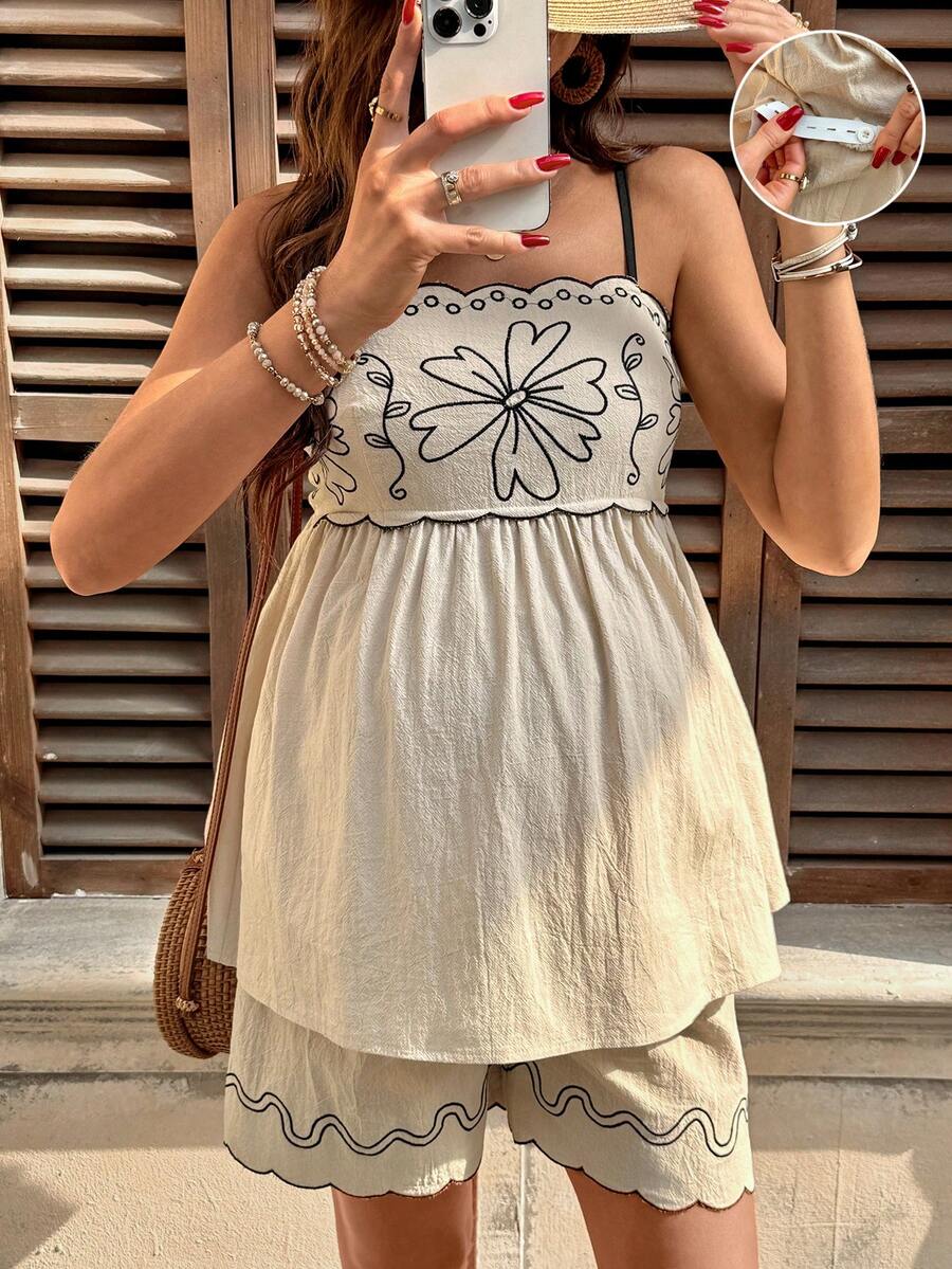 SHEIN Maternity Spaghetti Strap Shell Trim Pleated 2 Pieces Set, Summer - Apricot - View 1