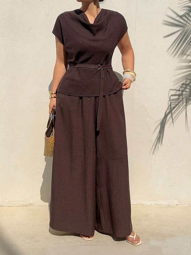 Dazy Plus Plus Size Women 2 Piece Set: Solid Color Casual Loose Tie Waist Short Sleeve Top And Elastic Waist Loose Long Pants, Spring/Summer Lounge Sets For Women