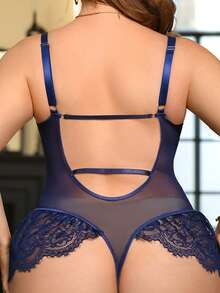 Spicy Aura Macacão Lingerie Plus Size Feminino com Laço, Renda e Contraste de Tule em Cor Sólida - Azul Royal - Visão 6