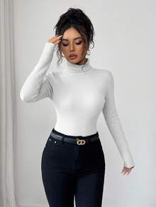 Elenzga Women's Turtleneck Patchwork Long Sleeve Bodysuit, Fitted, Contrast Color, Autumn/Winter - White - View 3