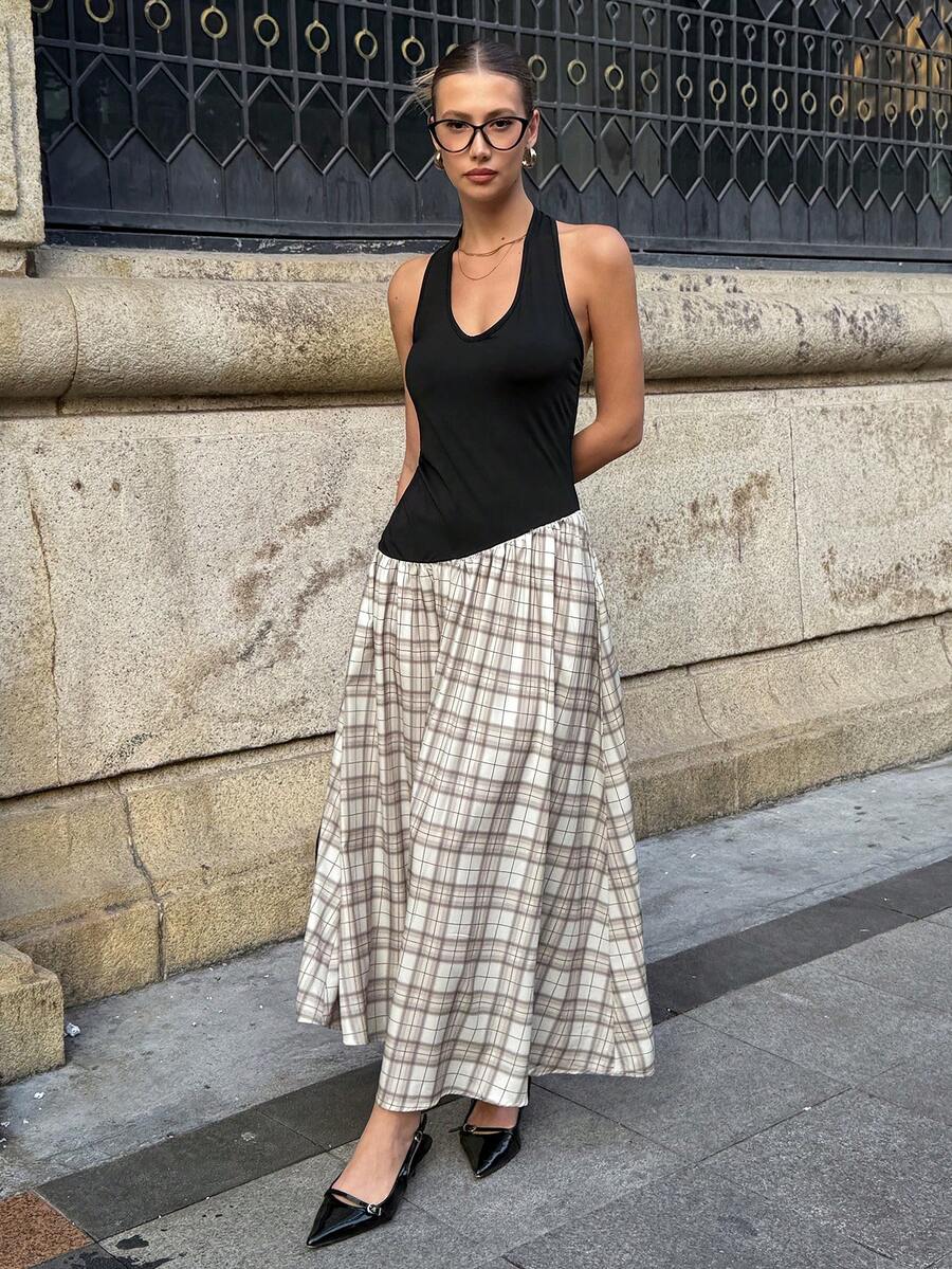 Siren Gaze 黑色/格子不对称吊带休闲沙滩度假连衣裙，女士夏季款 - 彩色 - 查看 1