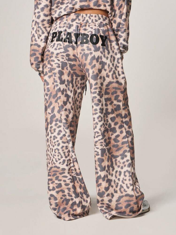 Missguided x Playboy Spodnie dresowe z szerokimi nogawkami i ściągaczem w panterkę, z logo, o luźnym kroju, wygodne, codzienne, jesienno-zimowe, joggersy