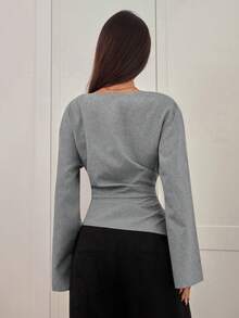 Aloruh Women's Autumn/Winter New Commuting V-Neck Pullover Shirt With Waist Ruching, Asymmetric Hem And Bell Sleeves, Minimalist And Fashionable - Grey - View 2