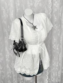 Sunspun Áo kiểu nữ cỡ lớn thêu hoa, thiết kế thắt nút, tay ngắn, thích hợp mặc đi làm. - trắng - Xem 5