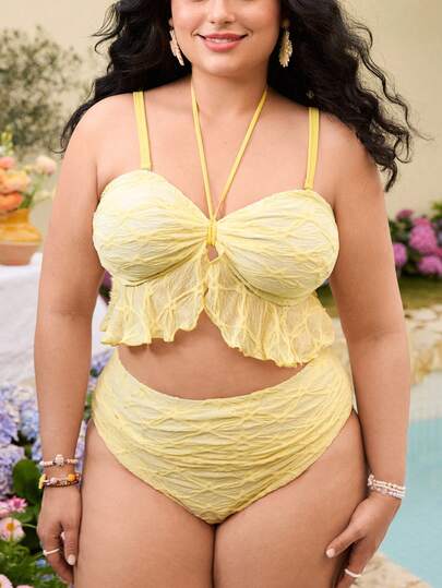 Swim Mod Plus Size Women 2pcs Set Solid Color Star Textured Fabric Cute Ruffle Trim Camisole Top And High Waist Triangle Bottoms, Sweet & Cute Vacation Minimalist Daily Wear Bikini